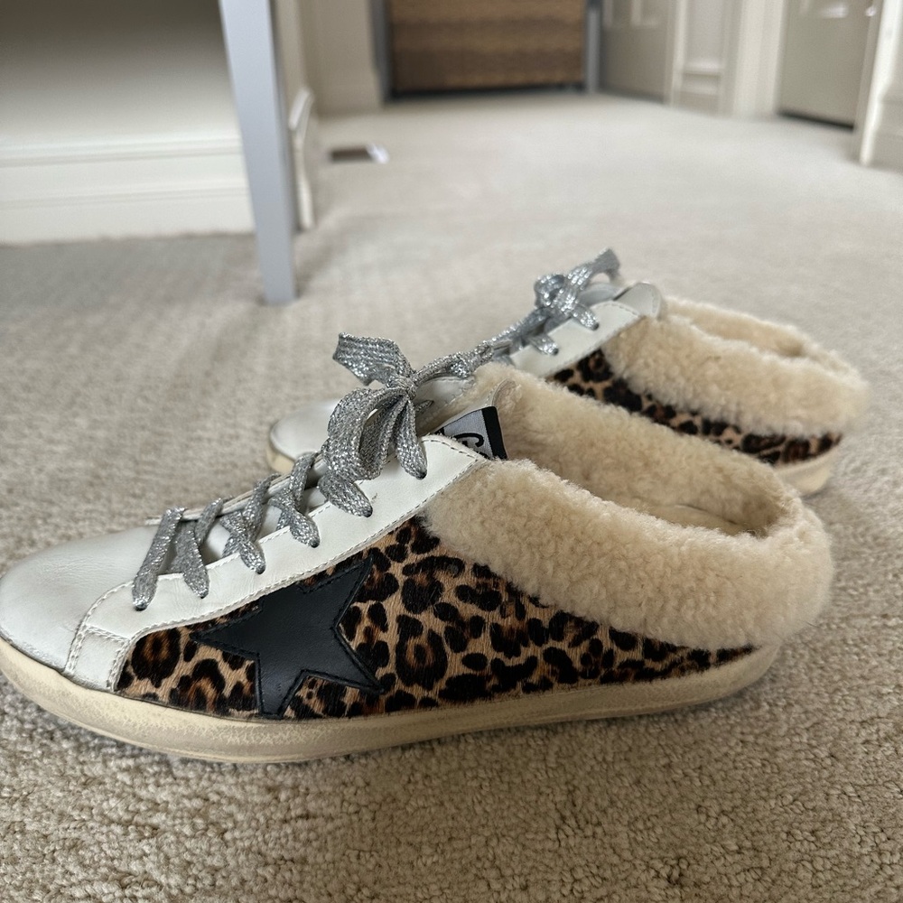Golden Goose Leopard Print Sneakers with Silver Laces size 39